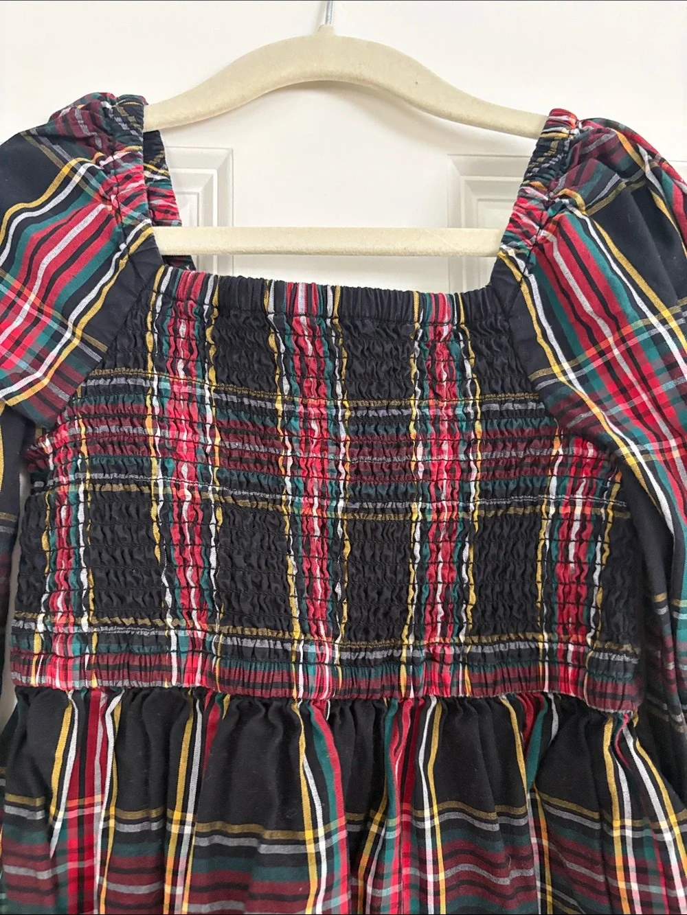 Crew cuts Girls Black Red Plaid Long-Sleeve Smocked Dress